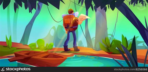 Jungle forest landscape with trees and tourist. Nature scenery of tropical rainforest with river, wooden boat, grass, lianas and man with backpack and map, vector cartoon illustration. Jungle forest landscape with trees and tourist