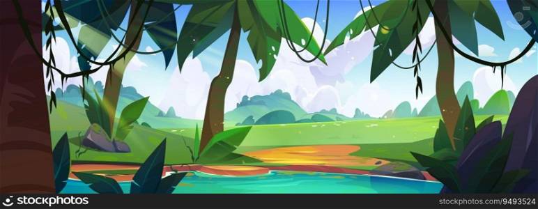 Jungle forest with lake vector cartoon background. Tropical rainforest with palm tree near sw&panoramic environment. Greenery ground meadow near pond water coast with nobody game location. Jungle forest with lake vector cartoon background