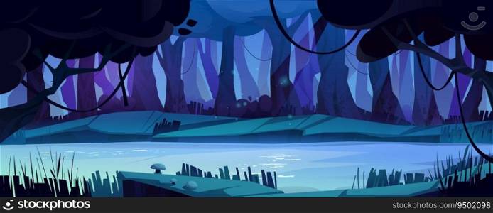 Jungle forest with river, lake or sw&at night. Dark woods landscape with trees, calm river water, lianas and mushrooms in moonlight, vector cartoon illustration. Jungle forest with river, lake or sw&at night