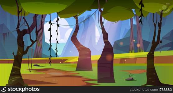 Jungle landscape with mountains and sea on horizon. Vector cartoon illustration of summer rain forest with green trees, grass and lianas, rocks and water of lake or sea on skyline. Jungle landscape with mountains and sea on horizon