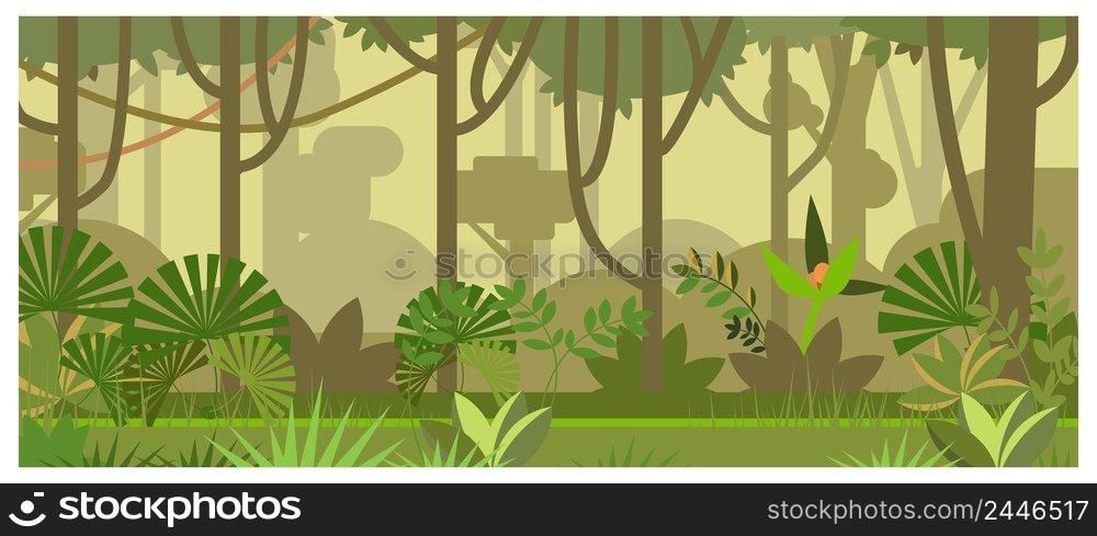 Jungle landscape with trees and plants vector illustration. Tropical forest background. Jungle and nature concept. For websites, wallpapers, posters or banners.
