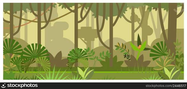 Jungle landscape with trees and plants vector illustration. Tropical forest background. Jungle and nature concept. For websites, wallpapers, posters or banners.