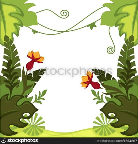 Jungle or rainforest plants and trees with lianas vector frame of exotic bushes and leaves or flowers botany and vegetation wild greenery botanical species and grass nature tropical framework.. Rainforest plants jungle leaves and flowers frame palm trees
