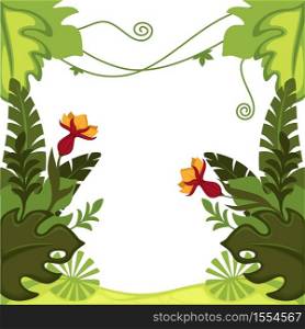 Jungle or rainforest plants and trees with lianas vector frame of exotic bushes and leaves or flowers botany and vegetation wild greenery botanical species and grass nature tropical framework.. Rainforest plants jungle leaves and flowers frame palm trees