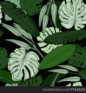 Jungle palm leaf seamless pattern on black background. Tropical palm leaves backdrop. Modern exotic design for printing, textile, fabric, fashion, interior, wrapping paper. Vector illustration. Jungle palm leaf seamless pattern on black background.