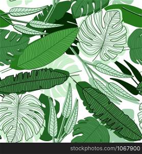 Jungle palm leaf seamless pattern on white background. Modern exotic tropical palm leaves backdrop. Concept design for printing, textile, fabric, fashion, interior, wrapping paper. Vector illustration. Jungle palm leaf seamless pattern on white background. Modern exotic tropical palm leaves