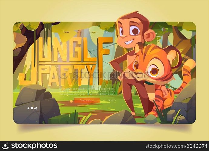 Jungle party banner with cute monkey and tiger stand together on glade. Vector landing page with cartoon rainforest landscape with green trees, stones and funny wild animals. Jungle party banner with cute monkey and tiger