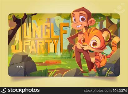 Jungle party banner with cute monkey and tiger stand together on glade. Vector landing page with cartoon rainforest landscape with green trees, stones and funny wild animals. Jungle party banner with cute monkey and tiger