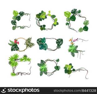 Jungle plants frames flat icon set. Cartoon game signs and elements with tropical liana branches and grass isolated vector illustration collection. Organic panels and forest concept