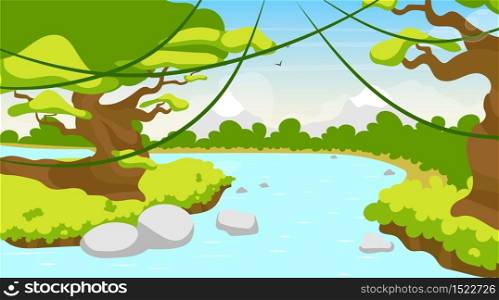 Jungle river flat vector illustration. Mediterranean lake. Tropical water body. Panoramic scene with trees and lianas. Riverside, riverbrook. Exotic amazon stream. Watercourse cartoon background