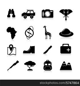 Jungle safari and travel icons black set with pioneer hat binoculars giraffe isolated vector illustration