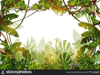 Jungle tropical background. Rainforest with tropic leaves and liana vines. Nature landscape with tropical trees. Vector illustration. Liana jungle green nature, tropical landscape forest. Jungle tropical background. Rainforest with tropic leaves and liana vines. Nature landscape with tropical trees. Vector illustration