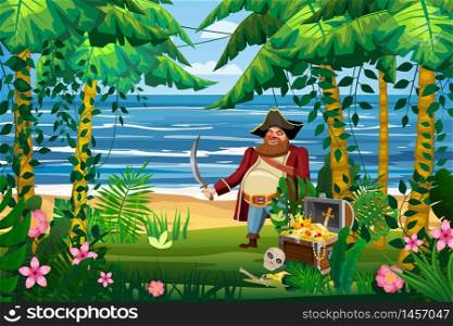 Jungle tropical island Treasure Pirate chest full of gold coins gems crown sword. Jungle tropical island Treasure legged pirate with a saber. Chest full of gold coins gems crown sword. Forest palms different exotic plants leaves, flowers, lianas, flora, rainforest landscape background. For design game, apps, banners, prints. Vector illustration isolated