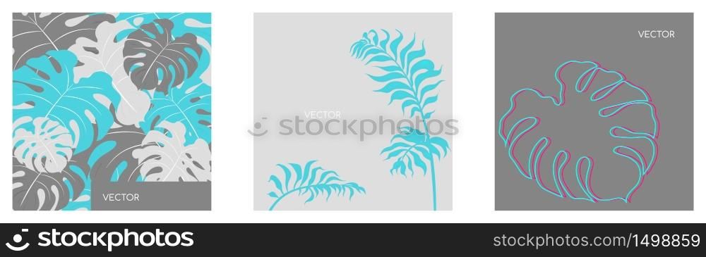 Jungle vegitation flat color vector backgrounds set. Grey, blue monstera leaf. Floral twigs. Tropical botanical motiff social media post mock up. Exotic summer foliage web banner templates pack