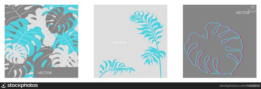 Jungle vegitation flat color vector backgrounds set. Grey, blue monstera leaf. Floral twigs. Tropical botanical motiff social media post mock up. Exotic summer foliage web banner templates pack