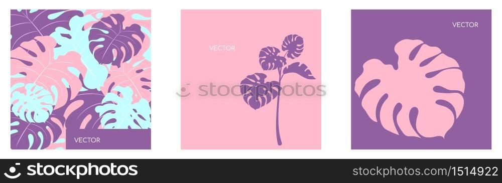 Jungle vegitation flat color vector backgrounds set. Monstera leaves. Pink and purple philodendron. Tropical botanical motiff social media post mock up. Exotic summer foliage web banner templates pack