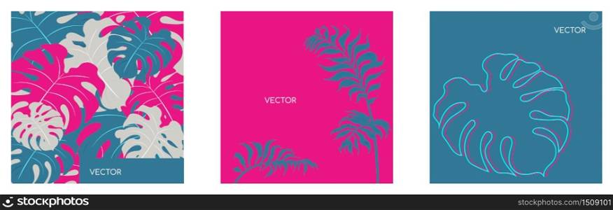 Jungle vegitation flat color vector backgrounds set. Pink monstera leaf. Glitch floral twig. Tropical botanical motiff social media post mock up. Exotic summer foliage web banner templates pack