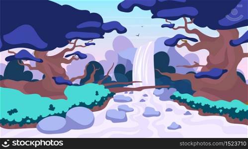 Jungle waterfall flat vector illustration. Fantasy mystical fauna. Tropical forest landscape. Panoramic scene with trees and river stream. Exotic land. Amazon waterfall. Rainforest cartoon background