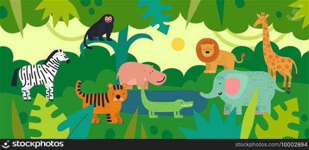 Jungle with animals. Zebra, monkey and hippo, tiger and crocodile, elephant and lion, giraffe with tropical plants. Vector kids background. Jungle life fauna, crocodile and hippo illustration. Jungle with animals. Zebra, monkey and hippo, tiger and crocodile, elephant and lion, giraffe with tropical plants. Vector kids background
