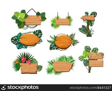 Jungle wooden boards set. Signpost panels with green tropical leaves, pointers and signs with copy space for text. Vector illustration for realistic online game templates, vacation or tourism concepts