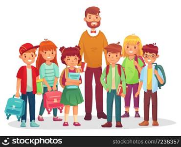 Junior high school kids and teacher. Man and happy teenagers with backpacks and books standing together. Children learning at school, pupil cartoon characters with rucksack vector illustration. Junior high school kids and teacher. Man and happy teenagers with backpacks and books standing together
