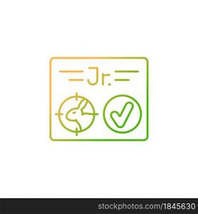 Junior hunting license gradient linear vector icon. Hunt birds and animals. Hunter confirmation for children. Thin line color symbol. Modern style pictogram. Vector isolated outline drawing. Junior hunting license gradient linear vector icon