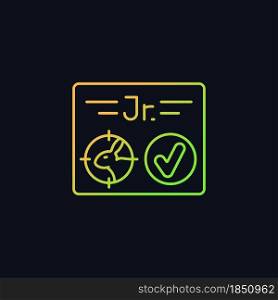 Junior hunting license gradient vector icon for dark theme. Hunter confirmation for children under sixteen. Thin line color symbol. Modern style pictogram. Vector isolated outline drawing. Junior hunting license RGB color icon for dark theme