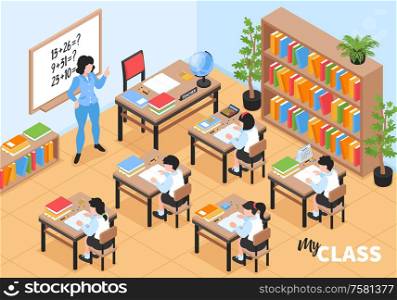 Junior primary school class isometric composition with teacher at white board explaining basic math to children vector illustration