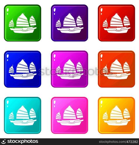 Junk boat icons of 9 color set isolated vector illustration. Junk boat icons 9 set