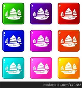 Junk boat icons of 9 color set isolated vector illustration. Junk boat icons 9 set