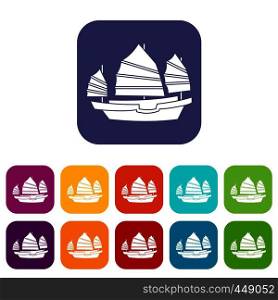 Junk boat icons set vector illustration in flat style In colors red, blue, green and other. Junk boat icons set flat
