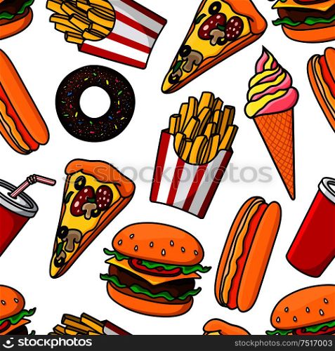 Junk food and drinks seamless pattern with retro stylized cartoon cheeseburgers, hot dogs, pizza, french fries, takeaway cups of sweet soda, vanilla and strawberry soft serve ice cream cones and chocolate donuts on white background. Junk food and drinks retro seamless pattern