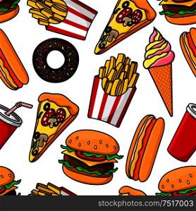 Junk food and drinks seamless pattern with retro stylized cartoon cheeseburgers, hot dogs, pizza, french fries, takeaway cups of sweet soda, vanilla and strawberry soft serve ice cream cones and chocolate donuts on white background. Junk food and drinks retro seamless pattern