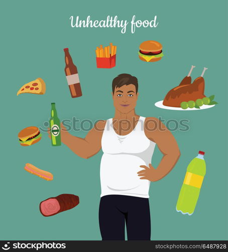 Junk Food Consumption. Man Before Weight Loss.. Unhealthy food consumption. Man before weight loss. Fat young man around junk food. Person with big belly prefers unhealthy food. Part of series of promotion healthy diet and good fit. Vector