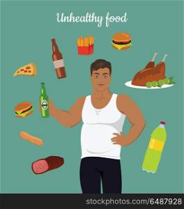 Junk Food Consumption. Man Before Weight Loss.. Unhealthy food consumption. Man before weight loss. Fat young man around junk food. Person with big belly prefers unhealthy food. Part of series of promotion healthy diet and good fit. Vector