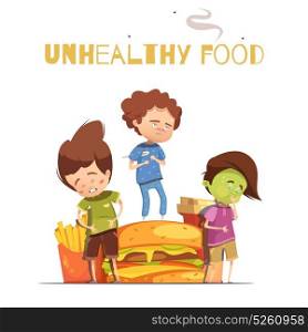 Junk Food Harmful Effects Cartoon Poster. Unhealthy junk food harmful effects warning retro cartoon poster with hamburger and sick looking children vector illustration