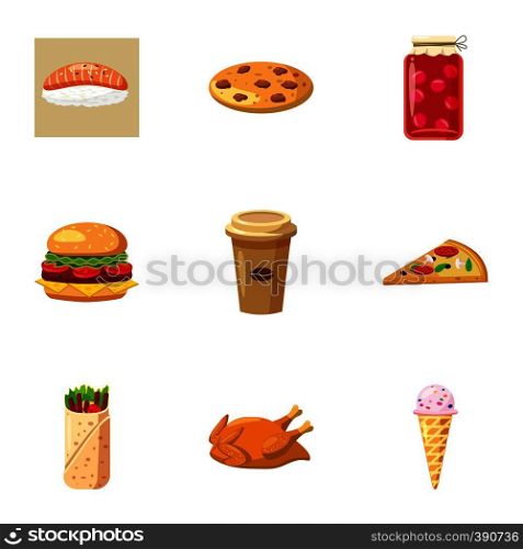 Junk food icons set. Cartoon illustration of 9 junk food vector icons for web. Junk food icons set, cartoon style