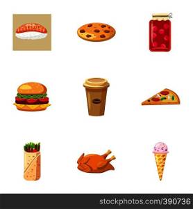 Junk food icons set. Cartoon illustration of 9 junk food vector icons for web. Junk food icons set, cartoon style