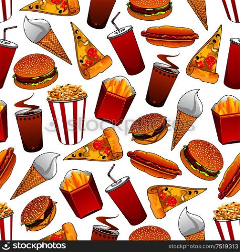 Junk food seamless pattern with fast food hamburger cheeseburger, pizza, hot dog, coffee and soda drinks, french fries, ice cream cone and popcorn bucket. Junk food seamless pattern with fastfood dinner