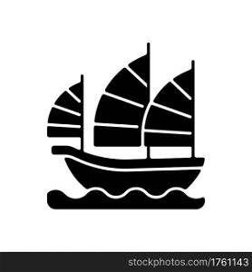 Junk ship black glyph icon. Sailing on traditional boat in Hong Kong. Asian culture, eastern history. Ancient sailboat. Marine vessel. Silhouette symbol on white space. Vector isolated illustration. Junk ship black glyph icon