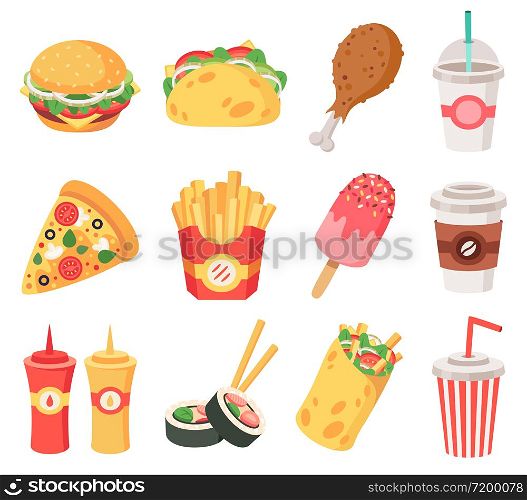 Junk street food. Fast food, doodle takeaway food and snacks, french fries, coffee, pizza. High calorie junk food isolated vector icons set. Pizza and burrito hamburger, soda fastfood illustration. Junk street food. Fast food, doodle takeaway food and snacks, french fries, coffee, pizza. High calorie junk food isolated vector icons set