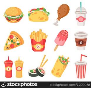 Junk street food. Fast food, doodle takeaway food and snacks, french fries, coffee, pizza. High calorie junk food isolated vector icons set. Pizza and burrito hamburger, soda fastfood illustration. Junk street food. Fast food, doodle takeaway food and snacks, french fries, coffee, pizza. High calorie junk food isolated vector icons set
