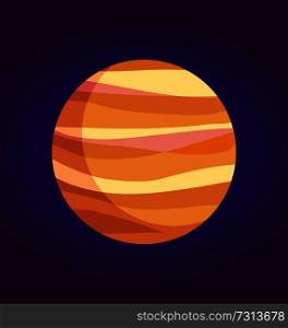 Jupiter giant planet made of gases placed in big Solar system, fifth from Sun, isolated cartoon flat vector illustration on deep blue background.. Jupiter Giant Planet of Gases from Solar System