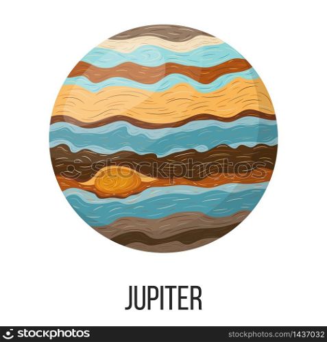 Jupiter planet isolated on white background. Planet of solar system. Cartoon style vector illustration for any design.