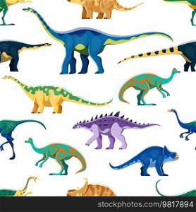 Jurassic dinosaurs cartoon characters seamless pattern. Textile vector seamless print with Quaesitosaurus, Opisthocoelicaudia, Jaxartosaurus and Struthiosaurus, Protoceratops, Elmisaurus cute dinosaur. Comic dinosaur cartoon characters seamless pattern