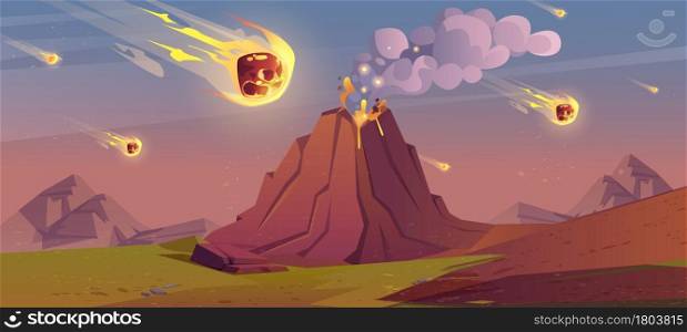 Jurassic period landscape with erupted volcano and falling meteorites. Prehistoric era of Earth, meteor rain with burning stones, lava flow and smoke. Planet evolution Cartoon vector illustration. Jurassic period landscape with erupted volcano