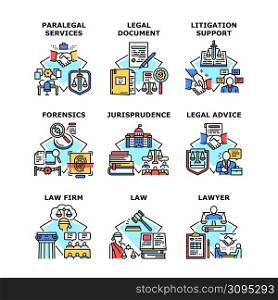 Jurisprudence Help Set Icons Vector Illustrations. Jurisprudence Litigation Support And Legal Advice, Law Firm And Paralegal Services, Lawyer Document And Forensics Color Illustrations. Jurisprudence Help Set Icons Vector Illustrations