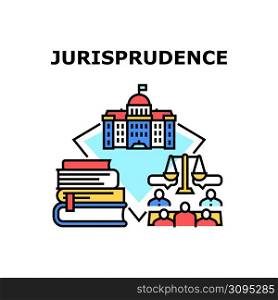Jurisprudence Vector Icon Concept. Jurisprudence Job For Protect In Court And Jury Trial In Courtroom Building. Law Book And Constitution Researching Advocate For Protect Defendant Color Illustration. Jurisprudence Vector Concept Color Illustration