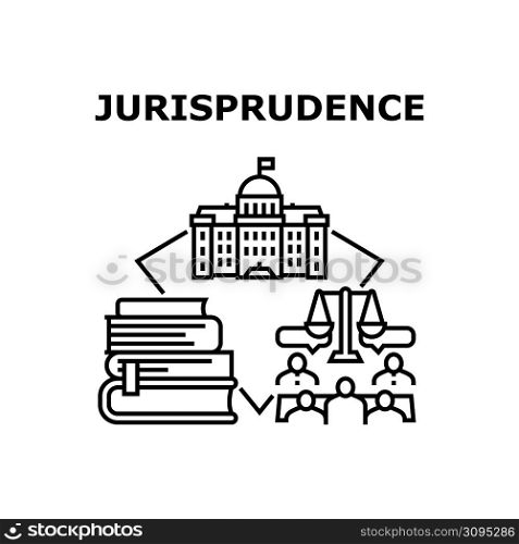 Jurisprudence Vector Icon Concept. Jurisprudence Job For Protect In Court And Jury Trial In Courtroom Building. Law Book And Constitution Researching Advocate For Protect Defendant Black Illustration. Jurisprudence Vector Concept Black Illustration