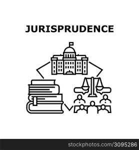 Jurisprudence Vector Icon Concept. Jurisprudence Job For Protect In Court And Jury Trial In Courtroom Building. Law Book And Constitution Researching Advocate For Protect Defendant Black Illustration. Jurisprudence Vector Concept Black Illustration